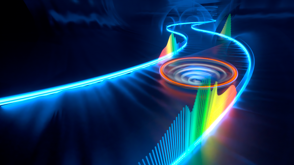 Swirl of coloured lines, like a winding road from front to back, suggesting the Photonics research